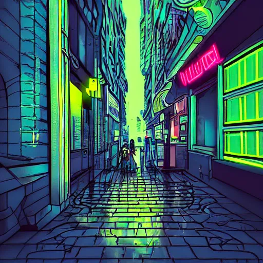 Image similar to woman lost in a city at night, neon lights, awesome, digital art, anime