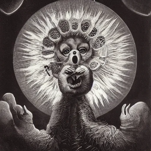 Image similar to furry freaky creature sings a unique canto about'as above so below'being ignited by the spirit of haeckel and robert fludd, breakthrough is iminent, glory be to the magic within