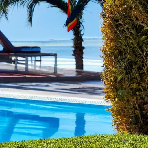 Image similar to donald trump sunbathing in string, swimming pool in background