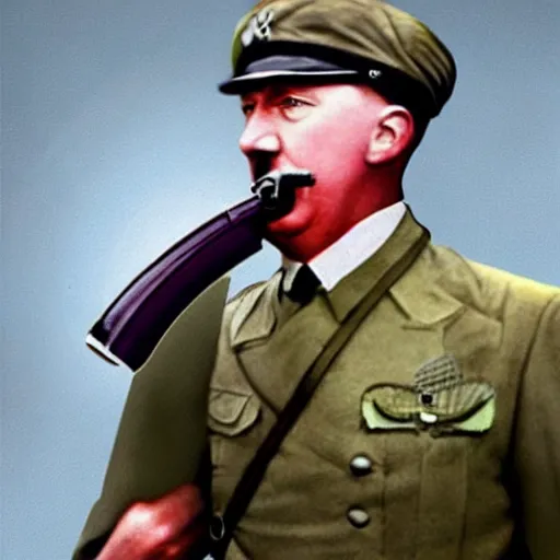 Prompt: a hyper realistic colorized photo of hitler with the gun in his mouth, close - up shot