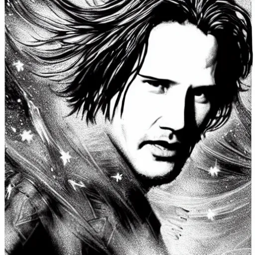 Prompt: black and white pen and ink!!!!!!! young handsome Keanu Reeves wearing cosmic space robes made of stars final form flowing royal hair golden!!!! Vagabond!!!!!!!! floating magic swordsman!!!! glides through a beautiful!!!!!!! liquid magic floral crystal battlefield dramatic esoteric!!!!!! Long hair flowing dancing illustrated in high detail!!!!!!!! by Moebius and Hiroya Oku!!!!!!!!! graphic novel published on 2049 award winning!!!! full body portrait!!!!! action exposition manga panel black and white Shonen Jump issue by David Lynch eraserhead and beautiful line art Hirohiko Araki!! Rossetti, Millais, Mucha, Jojo's Bizzare Adventure