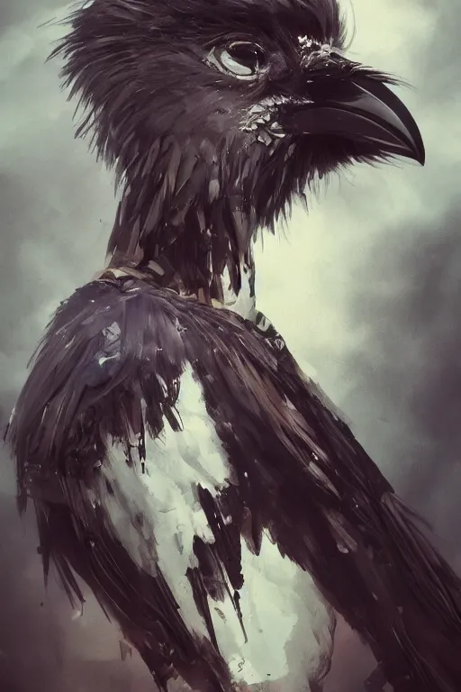 Image similar to beautiful crow full body portrait in the style of greg rutkowski and ayami kojima, trending on artstation, artstationhd, artstationhq, unreal engine, 4 k, 8 k