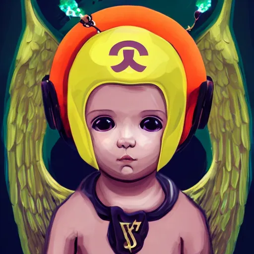 Image similar to baby Angel, baby cherub,wearing angel, face covered, Gucci, x logo, halo, ski mask, balaclava, face covered, wearing angel halo covered face, orange hoodie, hip hop, multiple golden necklaces, fantasy art apex fortnite Video game icon, 2d game art gta5 cover , official fanart behance hd, artstation by Jesper Ejsing, by RHADS, Makoto Shinkai and Lois van baarle, ilya kuvshinov, rossdraws