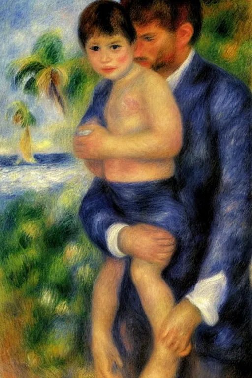 Image similar to a man holding his child over his shoulders walking near the beach, anatomically correct, painting by renoir, masterpiece