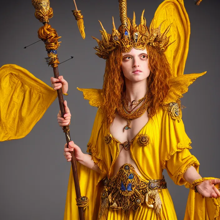 Prompt: photograph of a real-life beautiful sun witch with ornate yellow robes and staff. Extremely detailed. 8k