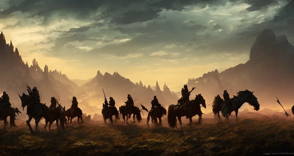 Prompt: Group of fantasy knights mounted on armored warhorses . Scenic view sunset , underexposed, clean horizon, matte painting by craig mullins and dan mumford, cinematic, high fantasy, style of game of thrones, concept art trending on artstation, 4k, insane details