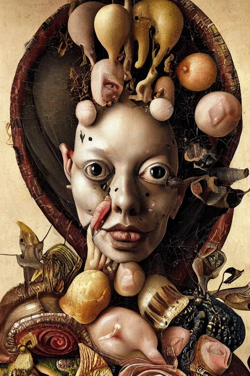 Image similar to Detailed maximalist portrait with large lips and with large wide eyes, surprised expression, surreal extra flesh and bones, HD mixed media, 3D collage, highly detailed and intricate, illustration in the golden ratio, in the style of Caravaggio and Hieronymus Bosch, dark art, baroque
