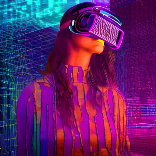 Image similar to glitchcore glitchart cyberdream neuropunk young woman dreaming in vr, glitches, digital, hologram