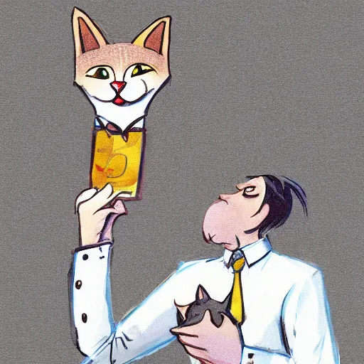 Image similar to waiter with a cat head, concept art