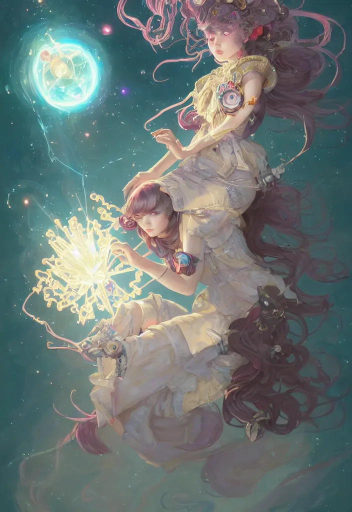 Image similar to full body picture of an maximalist dress magical girl, neat hair with bangs, smug face, extremely beautiful and aesthetic and detailed cute face and eyes, wipe out evils with cute astronaut familiar sprites, aming the magical beams to the camera, chiaroscuro, intricate, masterpiece, epic fantasy illustrations by peter mohrbacher and anato finnstark and jeremy lipking