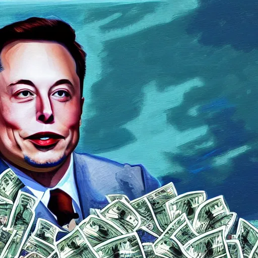 Prompt: painting of Elon Musk swimming in money