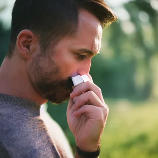 Prompt: A man intensely smelling gras, XF IQ4, 150MP, 50mm, F1.4, ISO 200, 1/160s, natural light