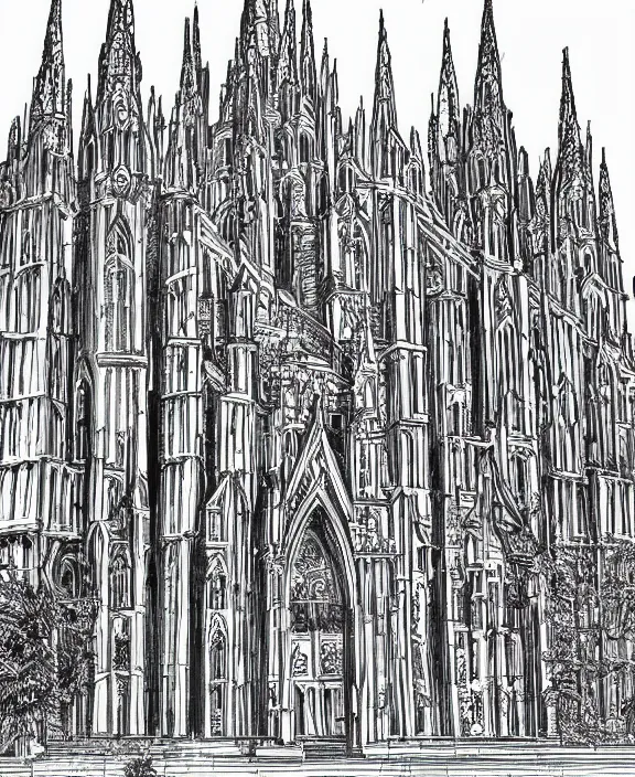 Image similar to a detailed fineliner drawing of a towering cathedral with evil spires