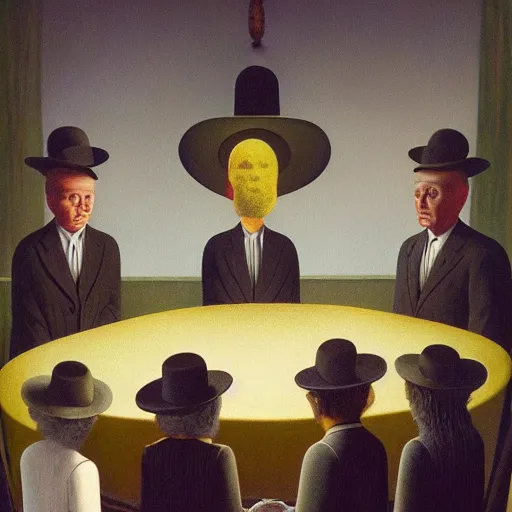 Image similar to A seance, by Raphael Hopper, and Rene Magritte. Extremely Highly detailed, Occult, funny, humorous, humor, hilarious, funny, entertaining, magical, trending on artstationHQ