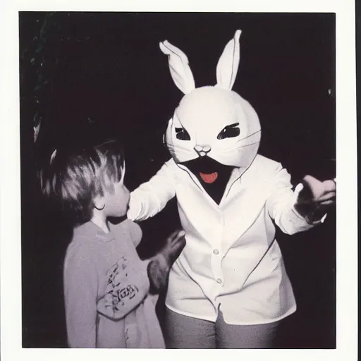 Prompt: candid 1988 polaroid photo of a terrifying easter bunny upsetting a child