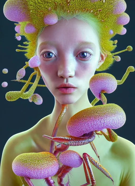 Image similar to hyper detailed 3d render like a Oil painting - kawaii lithe portrait Aurora (gold haired Singer Praying Mantis) seen Eating of the Strangling network of yellowcake aerochrome and milky Fruit and Her delicate Hands hold of gossamer polyp blossoms bring iridescent fungal flowers whose spores black the foolish stars by Jacek Yerka, Mariusz Lewandowski, Houdini algorithmic generative render, Abstract brush strokes, Masterpiece, Edward Hopper and James Gilleard, Zdzislaw Beksinski, Mark Ryden, Wolfgang Lettl, hints of Yayoi Kasuma, octane render, 8k