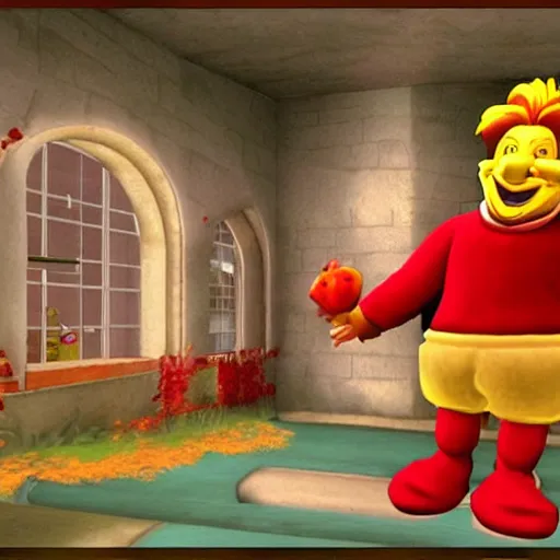 Prompt: Ronald McDonald, in a screenshot from the PlayStation game Tomba (1998)