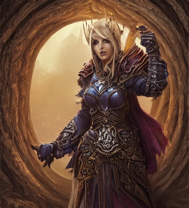 Image similar to Sylvanas Windrunner portrait, intricate ornate armor, subject in the middle of the frame, rule of thirds, golden ratio, elegant, digital painting, octane 4k render, zbrush, hyperrealistic, artstation, concept art, smooth, sharp focus, illustration from Warcraft by Ruan Jia and Mandy Jurgens and Artgerm and William-Adolphe Bouguerea