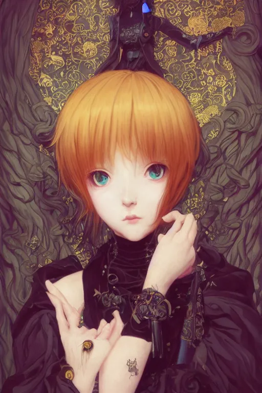 Prompt: portrait of beautiful young gothic anime maiden, cute-fine-face, pretty face, realistic shaded Perfect face, fine details. Anime, cyberpunk, Warhammer, highly detailed, artstation, illustration, art by Ilya Kuvshinov and Gustav Klimt and Gustav Klimt and Gustav Klimt and Gustav Klimt