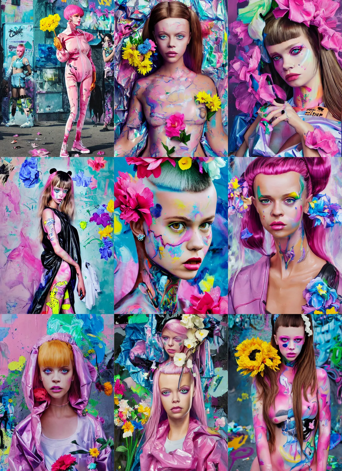 Prompt: still from music video of barbie palvin from die antwoord standing in a township street, wearing a trashbag garbage bag and flowers, street fashion, full figure portrait painting by martine johanna, ilya kuvshinov, rossdraws, pastel color palette, shiny plastic, graffiti bodypaint, detailed impasto brushwork, impressionistic