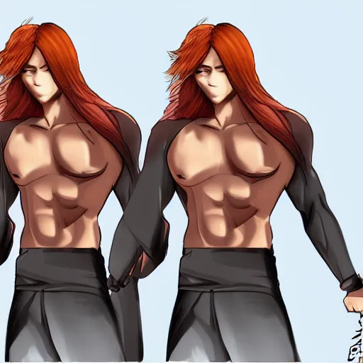 Image similar to well built man, rusty colored long hair, anime, high details,