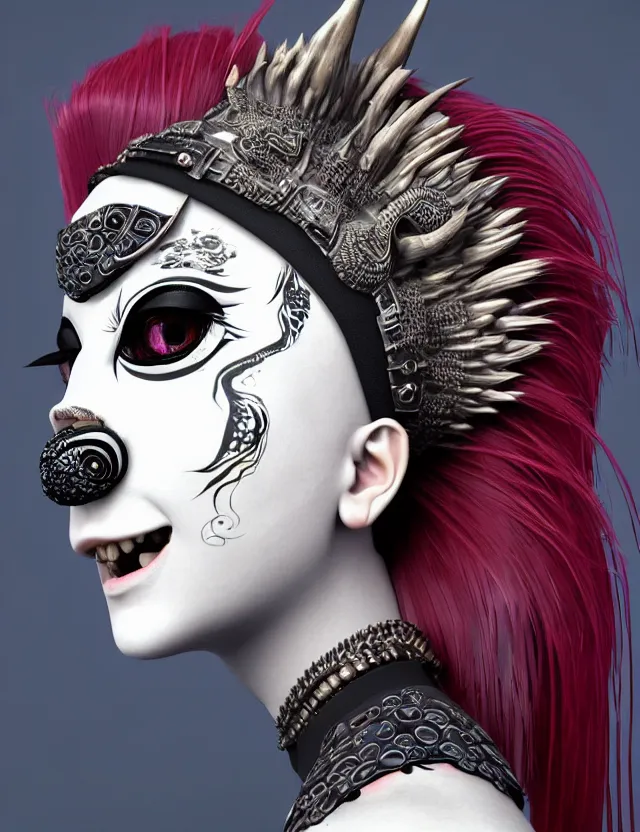 Image similar to 3 d goddess close - up profile portrait punk with mohawk with ram skull. beautiful intricately detailed japanese crow kitsune mask and clasical japanese kimono. betta fish, jellyfish phoenix, bio luminescent, plasma, ice, water, wind, creature, artwork by tooth wu and wlop and beeple and greg rutkowski