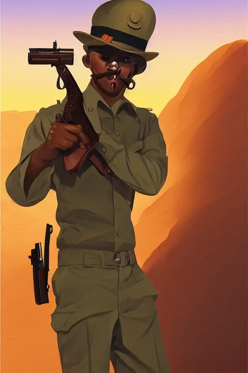 Image similar to funny drunk soldier with revolver in his hand in the desert, smooth face, centered median photoshop filter cutout vector behance hd by artgerm, jesper ejsing, by rhads, makoto shinkai and lois van baarle, ilya kuvshinov, rossdraws, illustration, art by ilya kuvshinov and gustav klimt