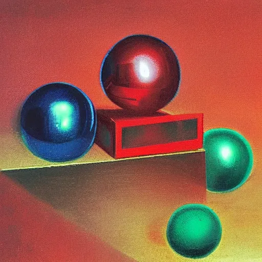 Prompt: chrome spheres on a red cube by thomas cole