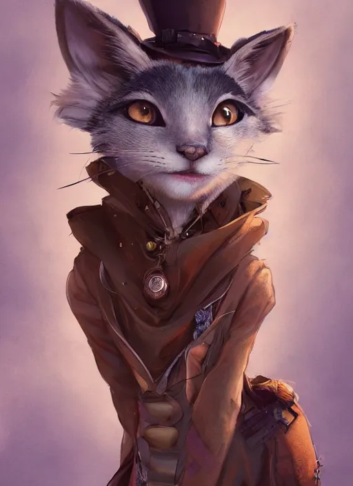 Image similar to a beautiful half body portrait of a cute young anthropomorphic steampunk cat fursona. big eyes. character design by cory loftis, fenghua zhong, ryohei hase, ismail inceoglu and ruan jia. volumetric light, detailed, rendered in octane