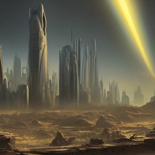 Image similar to futuristic glowing desert metropolis, beautiful dynamic lighting, cinematic, wide angle establishing shot, extremely high detail, photo realistic, cinematic lighting, post processed, concept art, artstation, matte painting, style by eddie mendoza, raphael lacoste, alex ross, volumetric lighting, light rays, photorealistic, ultrarealistic, moody, coronarender, 8k