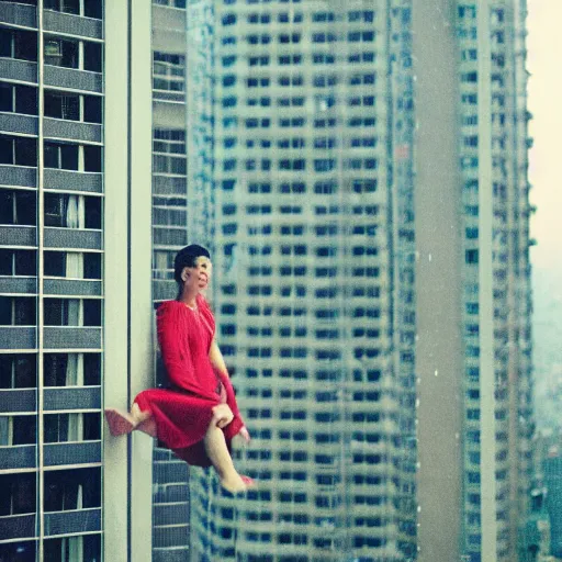 Image similar to woman with her feet on window of high rise condo. Raining outside. Cinestill 800t.