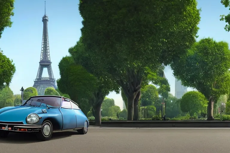 Image similar to a wholesome animation key shot of!! one!! focused! 1 9 7 4 citroen ds! in a tree lined paris street, view of eiffel tower, medium shot, studio ghibli, ( pixar ) and disney animation, sharp, very detailed, high resolution, rendered in unreal engine 5, anime key art by greg rutkowski, bloom, dramatic lighting