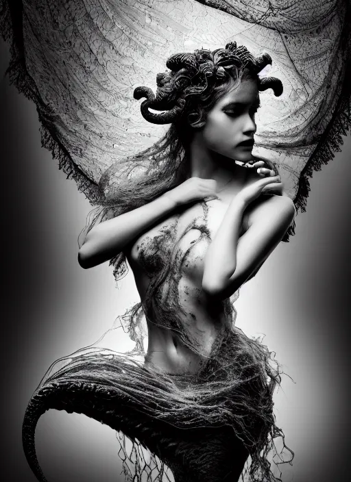 Image similar to surreal mythical dreamy dark artistic black and white fine art photo of a beautiful young female angel - medusa - mermaid - cyborg covered with translucent algae, highly detailed, lace web, rim light, cinematic, studio dramatic light, poetic, octane render, 8 k, photo - realistic, by floria sigismondi