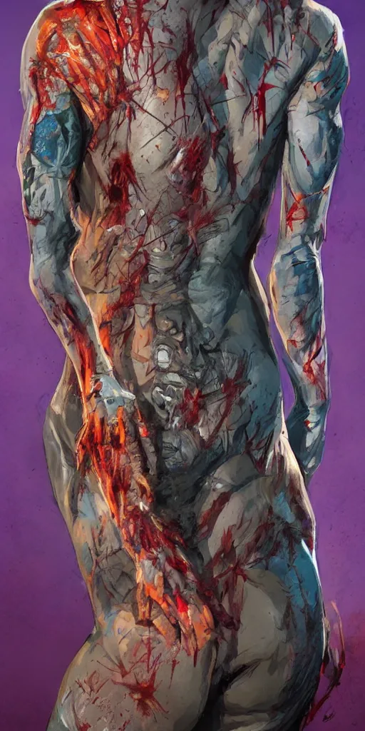 Image similar to Bright, colorful, realistic Serial killer rpg single individual full body gore covered with scars and tattoos screaming, backlighting, kodachrome, high contrast, highly detailed, sharp focus, digital painting, concept art, illustration, trending on artstation, comic book by Alex Ross cover art