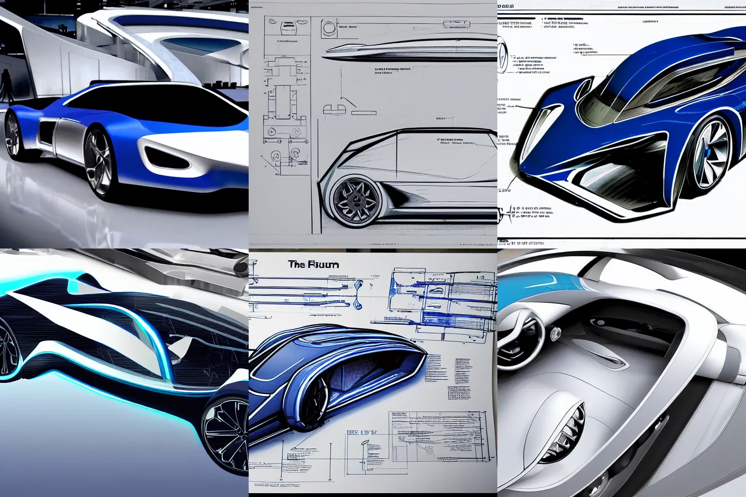 Prompt: the blueprints for a futuristic car