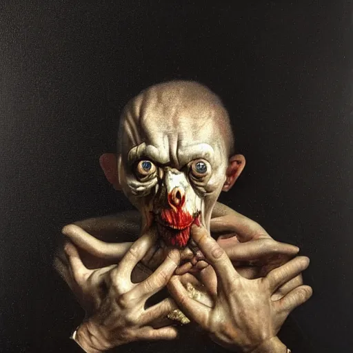 Image similar to oil painting with black background by christian rex van minnen rachel ruysch dali todd schorr of a chiaroscuro portrait of an extremely bizarre disturbing mutated man with acne intense chiaroscuro cast shadows obscuring features dramatic lighting perfect composition masterpiece