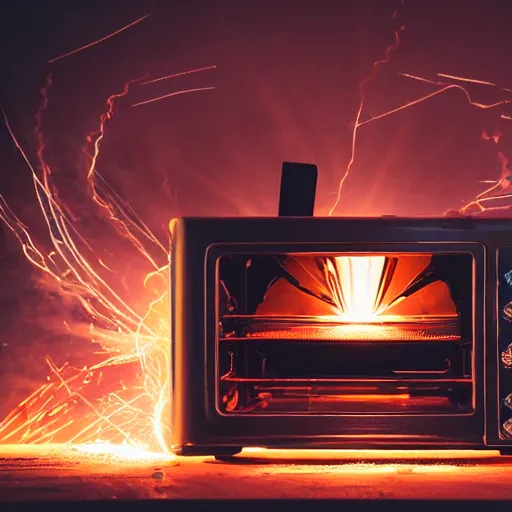 Image similar to cyborg toaster oven repairman, dark messy smoke - filled cluttered workshop, dark, dramatic lighting, orange tint, sparks, plasma rays, cinematic, highly detailed, sci - fi, futuristic, movie still