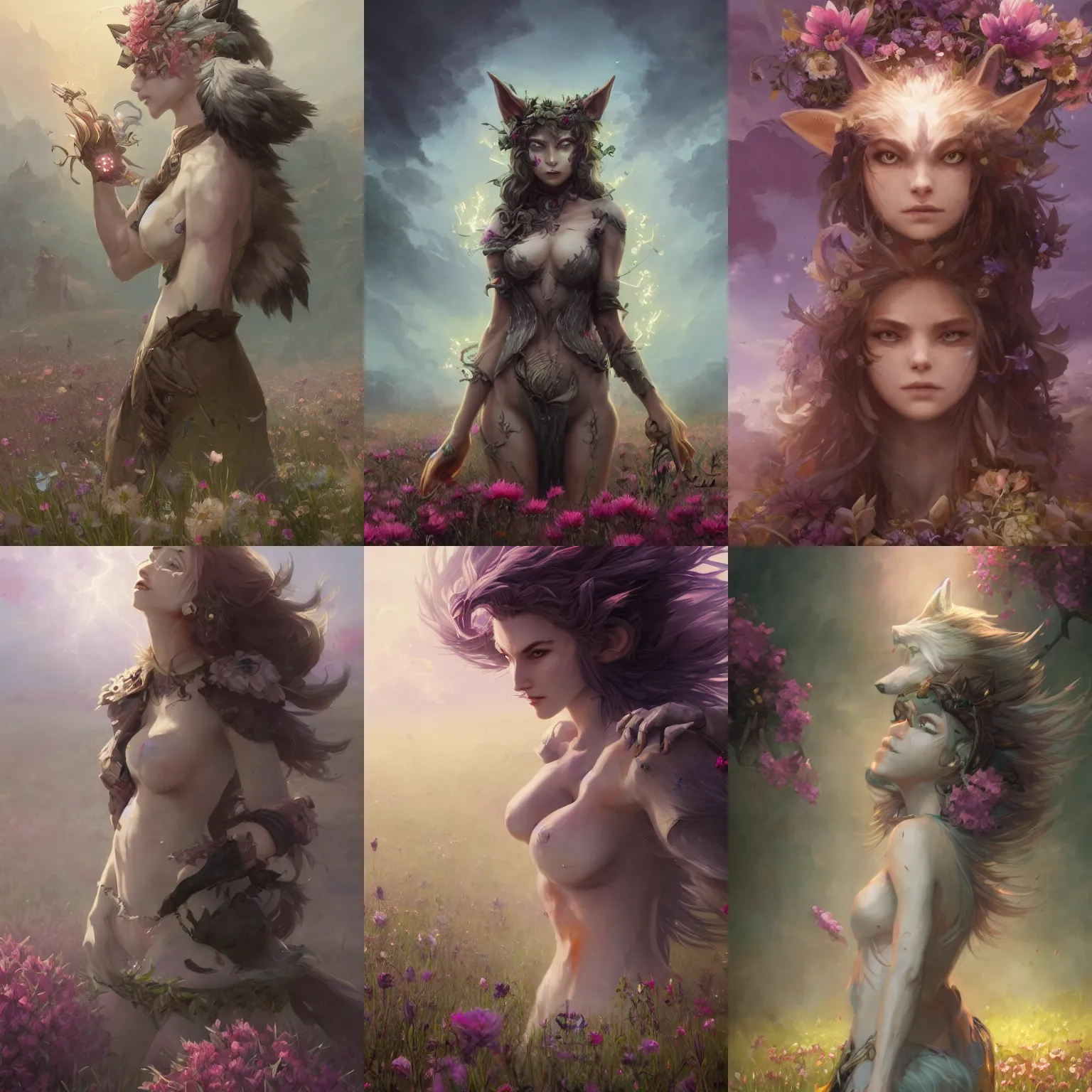 Prompt: A high fantasy wolf girl standing in the middle of the field of flowers, by Peter Mohrbacher and Craig Mullins, epic, cinematic face close up, official media, beautiful, detailed, high quality, wallpaper 4K, epic, trending on artstation and behance, dynamic lightning