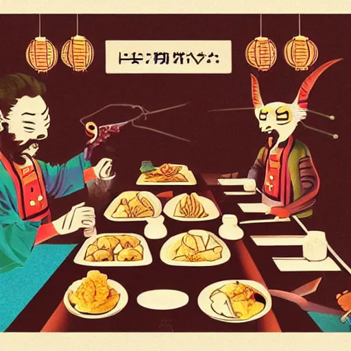 Image similar to extraterrestrial eating dumplings at fancy Japanese restaurant, Jim Henson creature shop, science fiction, highly detailed, illustration