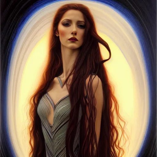 Image similar to portrait of a female wizard in flowing sensual dress, long flowing hair, delicate, looking at camera, slightly smiling, realistic face, stylish, elegant, extremely detailed painting inspired by Gerald Brom, studio lighting