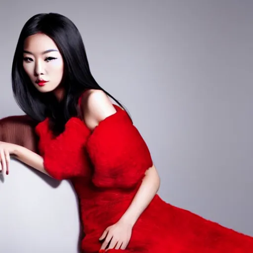 Prompt: vogue fashion model portrait asian woman, black and red, elegant