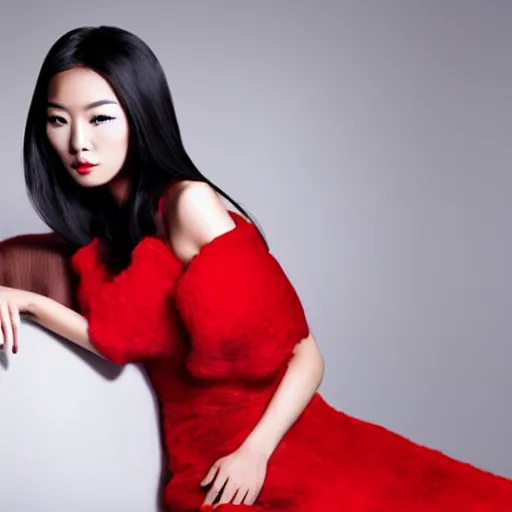 Image similar to vogue fashion model portrait asian woman, black and red, elegant