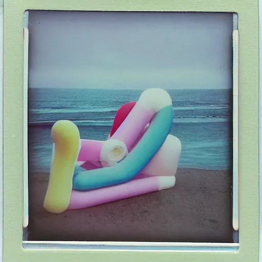 Prompt: a pastel colour high fidelity Polaroid photo from a holiday album at a seaside with abstract inflatable parachute furniture, all objects made of transparent iridescent Perspex no people, nostalgic