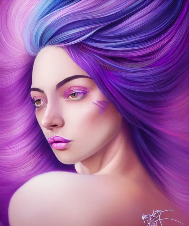 Prompt: Portrait of a woman with bright colored flying hair, all shades of purple. Hair coloring, beautiful lips and makeup. Hair fluttering in the wind. Sexy girl with short hair, amber eyes, face, long hair, fantasy, intricate, elegant, highly detailed, digital painting, artstation, concept art, smooth, sharp focus, illustration, art by artgerm and greg rutkowski and alphonse mucha