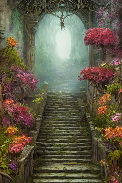 Prompt: matte glossy painting of stone steps fantasy leading do a fantasy door opening flowers, thorns roots along the steps, artstation by emilia dziubak, will terry, greg olsen, chris mars, ann long, and mark brooks, gret ritkowski dramatic, architecture, colorful warcraft architecture