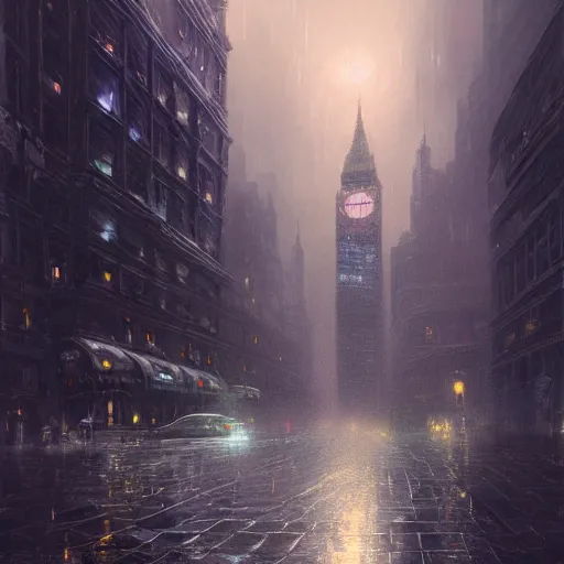 Image similar to nighttime in gotham city, wet pavement, street level view, light mist, fantasy, intricate, elegant, digital painting, trending on artstation, concept art, soft focus, illustration by greg rutkowski, Gaston Bussiere and artgerm, 4k.