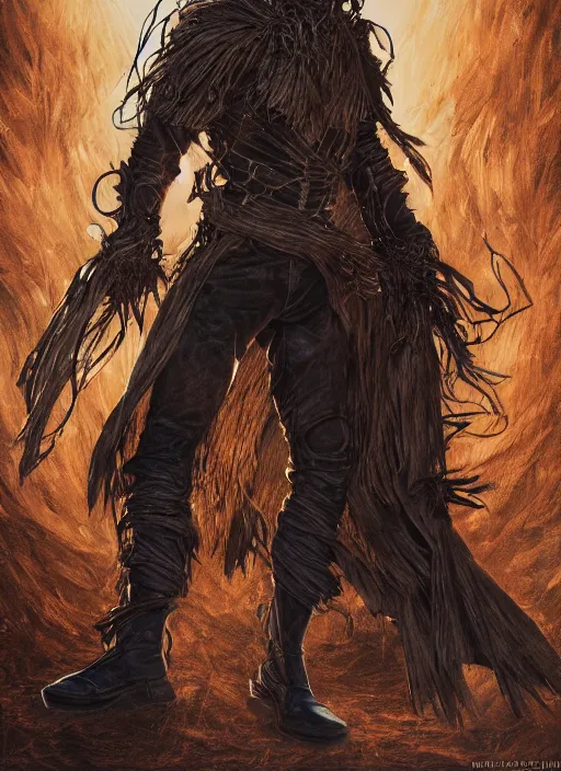 Image similar to powerful male scarecrow, willem dafoe as scarecrow, full body character concept, covered in full leather armor, art nouveau, super powers, fantasy, intricate, elegant, highly detailed, digital painting, artstation, concept art, shining, sharp focus, illustration, art by stanley lau