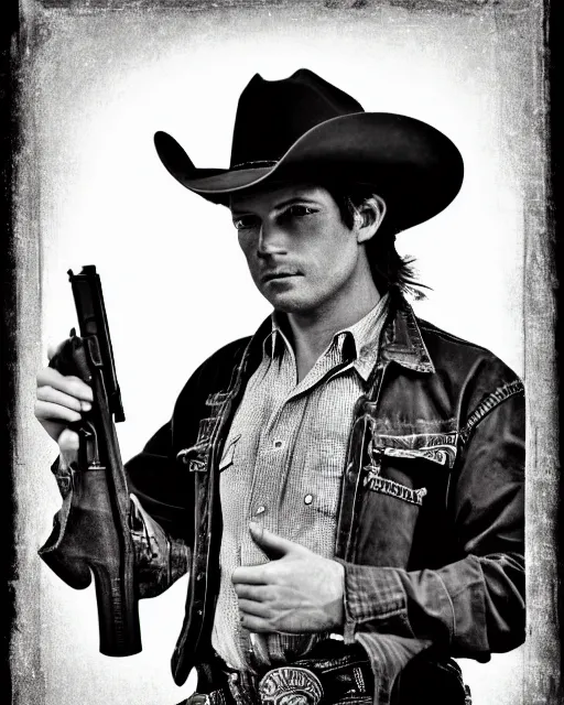 Image similar to portrait of cowboy holding realistic symmetrical colt single action army revolver, black and white polaroid, western, high production value, intricate details, high resolution, hyperrealistic, hdr, high definition, award winning photography, masterpiece, ultra realistic, highly detailed, hd, sharp focus, cinematic lighting, shaded, non blurry, sharp, smooth