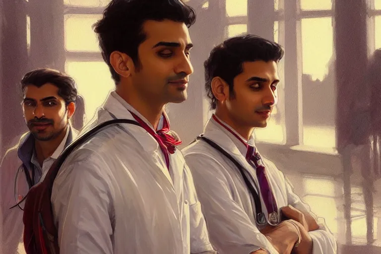 Image similar to Anxious good looking pale young Indian doctors wearing American clothes at the airport, portrait, elegant, intricate, digital painting, artstation, concept art, smooth, sharp focus, illustration, art by artgerm and greg rutkowski and alphonse mucha