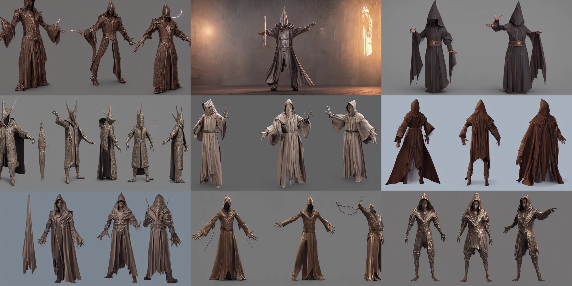 Prompt: t-pose of rigged 3d wizard character, magic belt, elaborate cult robes, hood, character design sheet, character reference, pristine and clean, concept art render, octane render, ray tracing, unreal engine 5, DAZ, zbrush, CGSociety, 8k ultra HD,
